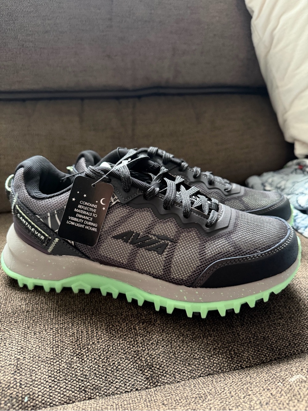 AVIA  Cantilever Reflective Trail Running Sneakers in Charcoal with Green Sole